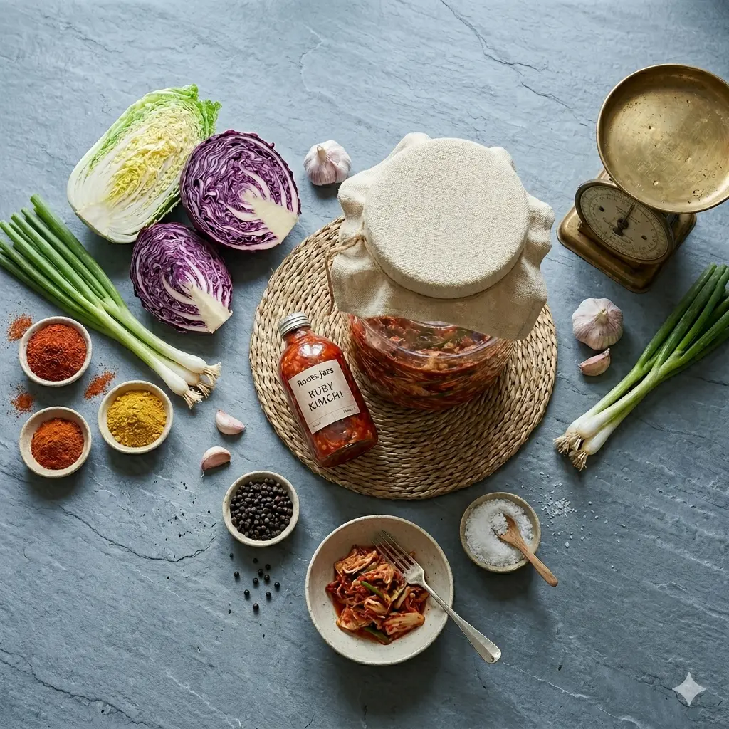 Een bovenaanzicht (flat-lay) op een donkergrijze natuurstenen ondergrond met een grote glazen Roots Jar vol gefermenteerde rode en Chinese kool, een flesje Ruby Kimchi, verse ingrediënten zoals rode kool, Chinese kool en lente-ui, omringd door kommetjes met specerijen zoals chilipoeder, curry en zwarte peperbolletjes.