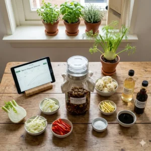 Een bovenaanzicht op een houten tafel met een grote glazen fermentatiepot gevuld met Shoyuzuke Tsukemono, omringd door kommetjes met mini-bloemkoolroosjes, flinterdunne venkel, rode paprikareepjes en gemberlucifers, geflankeerd door flessen ongezoete rijstazijn en sojasaus naast een tablet met de Fermit-app.