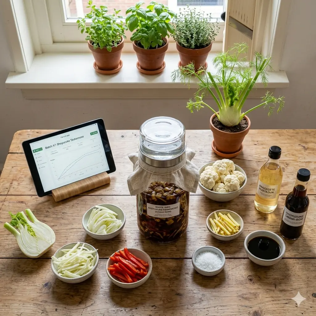 Een bovenaanzicht op een houten tafel met een grote glazen fermentatiepot gevuld met Shoyuzuke Tsukemono, omringd door kommetjes met mini-bloemkoolroosjes, flinterdunne venkel, rode paprikareepjes en gemberlucifers, geflankeerd door flessen ongezoete rijstazijn en sojasaus naast een tablet met de Fermit-app.