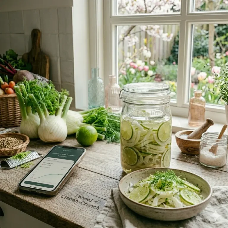 Een sfeervol beeld van een houten keukenaanrecht met een Roots Jar gevuld met flinterdunne venkel en schijfjes limoen in pekel, omringd door verse venkelknollen, een smartphone met de Fermit-app en een serveerschaal met de afgewerkte venkel-limoen crunch, met op de achtergrond een lichte lentetuin.