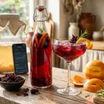 Een close-up foto van een verfijnde, robijnrode Waterkefir Hibiscus Grapefruit Mocktail in een chic coupe glas met ijs en grapefruit garnituur, geplaatst naast de afgesloten beugelfles, een kommetje gedroogde hibiscus en een smartphone met de Fermit-app op een zonovergoten houten aanrecht.