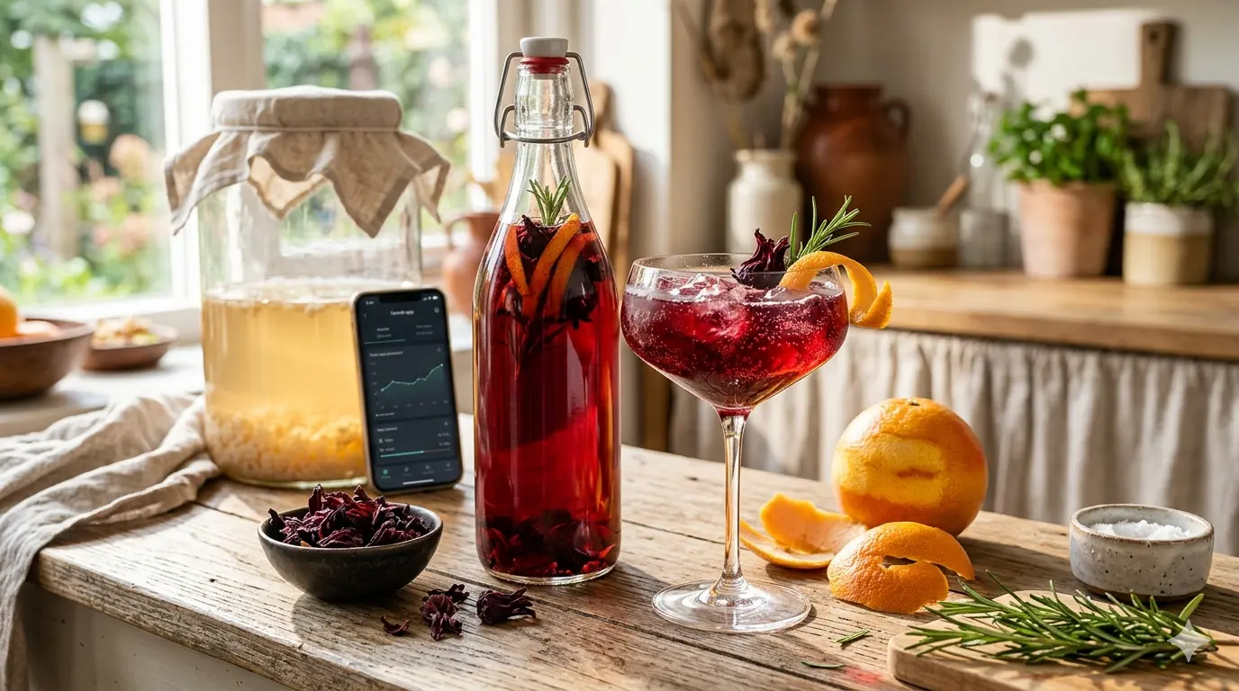 Een close-up foto van een verfijnde, robijnrode Waterkefir Hibiscus Grapefruit Mocktail in een chic coupe glas met ijs en grapefruit garnituur, geplaatst naast de afgesloten beugelfles, een kommetje gedroogde hibiscus en een smartphone met de Fermit-app op een zonovergoten houten aanrecht.