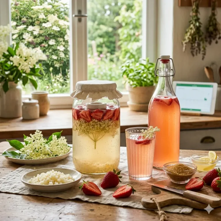 Een sfeervolle lentedag in een lichte keuken met een Roots Jar gevuld met waterkefir, verse vlierbloesemschermen en aardbeien, geflankeerd door een beugelfles met de bruisende roze vloeistof, een schaaltje kefirkorrels en een tablet met de Fermit-app op het houten aanrecht.