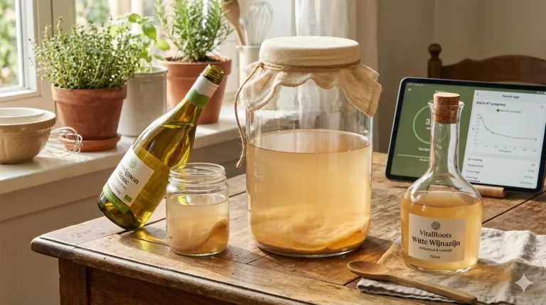Een lichte keukenopstelling met een grote glazen pot fermenterende witte wijnazijn onder een ademende doek, een fles biologische witte wijn, een glazen karaf met ambachtelijke VitalRoots wijnazijn en een tablet die via de Fermit-app de voortgang en pH-waarde van de fermentatie monitort.