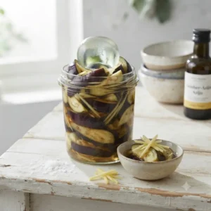 Dunne, paars-witte plakjes aubergine ingelegd met ragfijne julienne-gesneden gember in een milde rijstazijn-marinade. Het gerecht is compact aangedrukt in een glazen schaaltje en gegarneerd met een paar geroosterde sesamzaadjes.