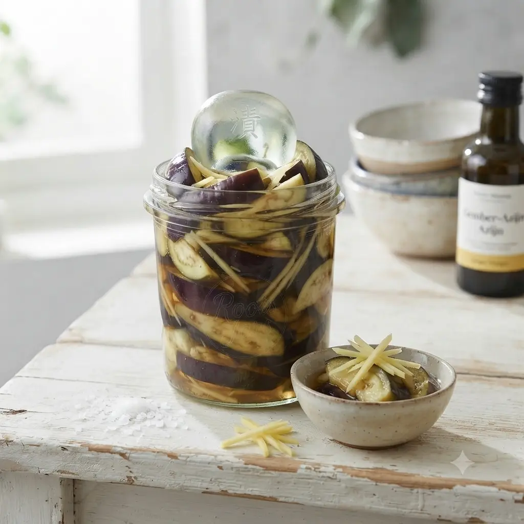 Dunne, paars-witte plakjes aubergine ingelegd met ragfijne julienne-gesneden gember in een milde rijstazijn-marinade. Het gerecht is compact aangedrukt in een glazen schaaltje en gegarneerd met een paar geroosterde sesamzaadjes.