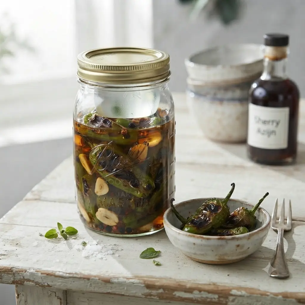 In de pan geschroeide (blistered) groene Padrón-pepers met karakteristieke zwarte blaren, ingelegd in een diepe, kruidige azijnmarinade in een brede glazen pot. Ernaast liggen versgehakte kruiden en grove zeezoutvlokken op een houten snijplank.