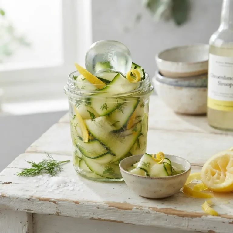 Flinterdunne linten van groene en gele courgette, snel ingelegd volgens de Asazuke-methode met schijfjes verse citroen en dille. Het lichte, frisse zomergerecht is luchtig gepresenteerd in een witte porseleinen schaal.