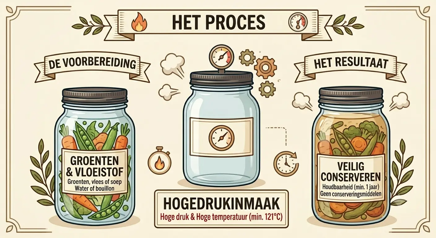 "Infographic over het proces van high pressure canning: links een pot met groenten en vloeistof als voorbereiding, in het midden een pot in een hogedrukinmaakproces met manometer, en rechts een pot met veilig geconserveerde groenten voor langdurige houdbaarheid.