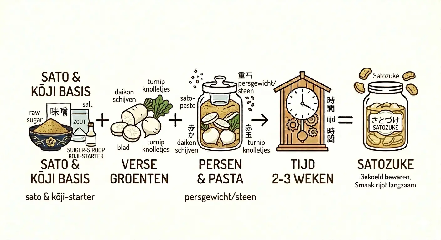 Een infographic met een stappenplan in vijf geïllustreerde fasen, van links naar rechts verbonden door plus- en pijlsymbolen, die het proces van Satozuke (Japans suiker-inmaken) uitlegt op een beige achtergrond met zwarte en bruine lijntekeningen.Sato & Kōji Basis: Een kom met ruwe suiker (raw sugar), een zakje zout, een verpakking met Japanse tekens en een flesje suigersiroop/kōji-starter.Verse Groenten: Illustraties van daikon schijven, een heel turnip knolletje en bladeren met bijbehorende tekstlabels.Persen & Pasta: Een glazen inmaakpot gevuld met de sato-pasta, daikon schijven en turnip knolletjes, aangedrukt met een persgewicht/steen onder de deksel.Tijd (2-3 weken): Een houten klok met tandwielen die de fermentatie- of rijpingstijd symboliseert.Satozuke: Een gevulde glazen pot met het label 'Satozuke' in zowel Japans schrift als Latijnse letters, omringd door zwevende ingemaakte groentenschijfjes. Eronder staat de tekst: 'Gekoeld bewaren, Smaak rijpt langzaam'.