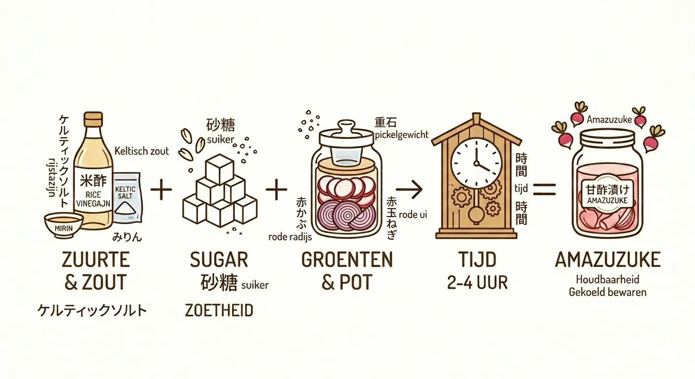Een minimalistische infographic in oosterse lijntekening-stijl op een gebroken witte achtergrond, die de formule toont voor het maken van het Japanse zoetzuur Amazuzuke. Van links naar rechts zijn vijf stappen verbonden door plus- en pijlsymbolen.Stap 1 toont een fles rijstazijn, een kommetje mirin en een zakje Keltisch zout met de Nederlandse tekst "Zuurte & Zout". Stap 2 toont gestapelde suikerklontjes met de tekst "Sugar / Suiker" en "Zoetheid". Stap 3 toont een glazen weckpot gevuld met lagen rode radijs en rode ui, verzwaard met een pickelgewicht, vergezeld van de tekst "Groenten & Pot". Stap 4 toont een houten klok met tandwielen die de tijd symboliseert met de tekst "Tijd 2-4 Uur". Stap 5 toont de voltooide inmaakpot met roze radijsjes en de tekst "Amazuzuke - Houdbaarheid Gekoeld bewaren". De infographic bevat subtiele kleuraccenten in pastelkleuren en labels in zowel het Nederlands als Japanse tekens.