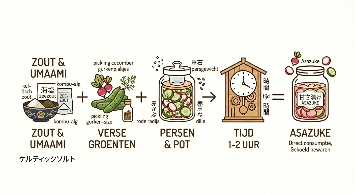 Een minimalistische infographic in de stijl van een stapsgewijs recept, die het proces van het maken van Asazuke, een Japans gezouten groentegerecht, illustreert. De afbeelding gebruikt strakke, dunne donkerbruine omlijningen met subtiele kleuraccenten in pastelkleuren op een gebroken witte, korrelige papierachtergrond. De volgorde loopt van links naar rechts, verbonden door '+' tekens, een pijl en een '=' teken. De tekstlabels zijn in het Nederlands, met kleine Japanse karakters ter ondersteuning.Van links naar rechts:Zout & Umaami: Een kom gevuld met wit 'kel-tisch zout', een kleiner zakje 'zee-zout', en twee zakjes 'kombu-alg' met Japanse karakters. Tekstlabel: 'ZOUT & UMAAMI'.Verse Groenten: Een bosje rode radijzen en dille, drie komkommers van 'pickling gurken-size' en een klein glazen potje met dille. Tekstlabel: 'VERSE GROENTEN'.Persen & Pot: Een heldere, glazen weckpot gevuld met lagen van gesneden komkommer, radijs en dille. Een zwaar 'persgewicht' (labeled '重石') drukt de groenten naar beneden. Tekstlabel: 'PERSEN & POT'.Tijd 1-2 Uur: Een houten klok met tandwielen, die de korte fermenteertijd aangeeft. Tekstlabel: 'TIJD 1-2 UUR'.Asazuke: De voltooide glazen pot met de afgewerkte Asazuke. Op het etiket staat 'ASAZUKE' in het Nederlands en '甘さ漬け' in het Japans. Enkele losse stukjes komkommer en radijs zweven rond de pot. Tekstlabel: 'ASAZUKE. Direct consumptie, Gekoeld bewaren'.De hele infographic is horizontaal uitgelijnd en heeft een rustige, handgemaakte uitstraling.