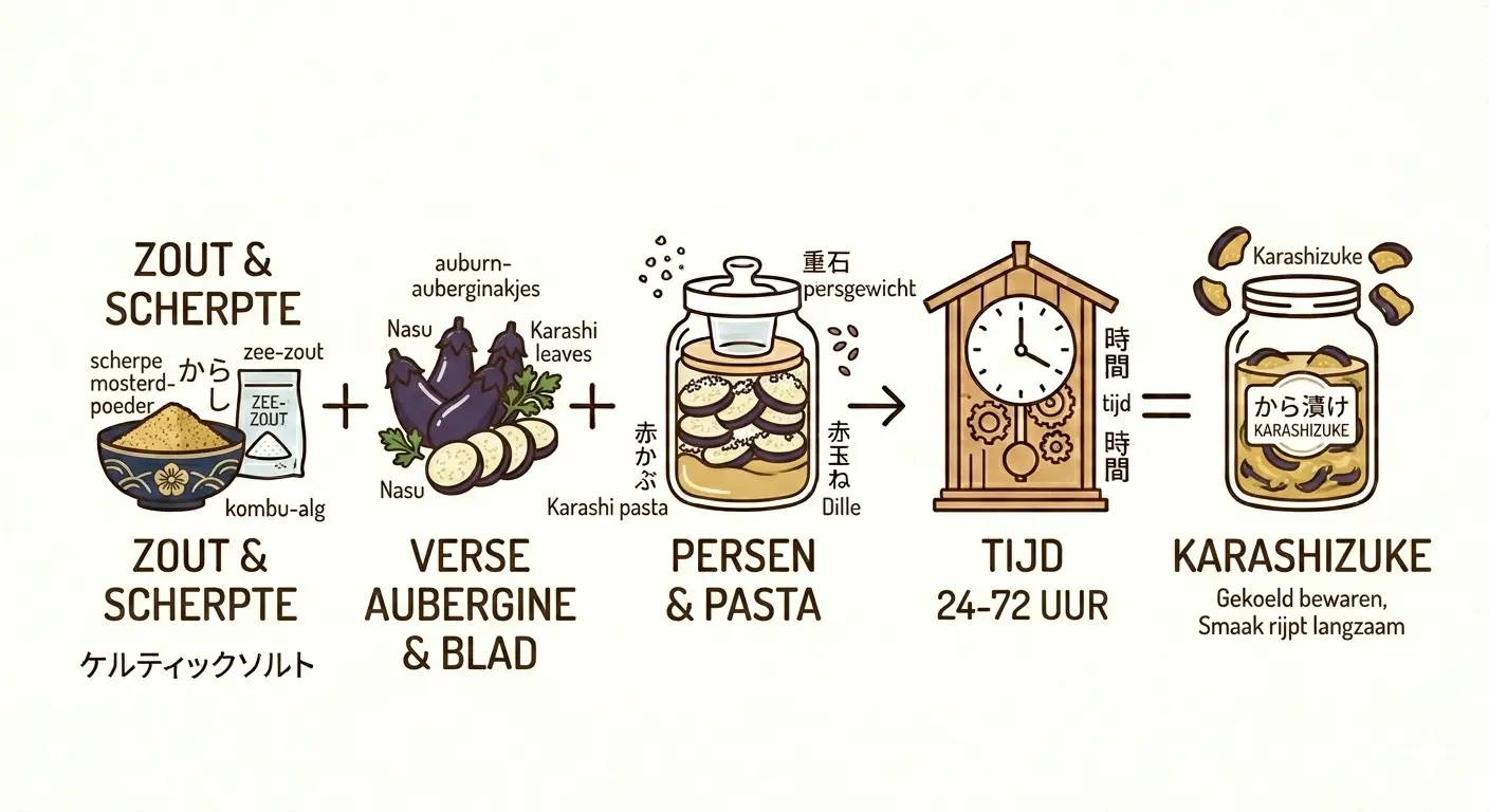 Een minimalistische infographic in oosterse lijntekening-stijl op een gebroken witte achtergrond, die het stapsgewijze proces toont voor het maken van Karashizuke (Japanse mosterd-inmaak). De opeenvolgende stappen lopen van links naar rechts en zijn verbonden door plus- en pijlsymbolen, met strakke bruine contouren en zachte pastelkleuren.Van links naar rechts:Zout & Scherpte: Een traditionele Japanse kom gevuld met scherp mosterdpoeder en daarnaast een zakje zeezout. Ondersteund door de tekst "ZOUT & SCHERPTE".Verse Aubergine & Blad: Drie hele paarse aubergines (gelabeld als Nasu) en een aantal losse, ronde aubergineschijfjes met daarnaast groene mosterdblaadjes. Ondersteund door de tekst "VERSE AUBERGINE & BLAD".Persen & Pasta: Een glazen inmaakpot waarin de schijfjes aubergine zijn gestapeld, bedekt met de gele mosterdpasta en aangedrukt door een zwaar glazen persgewicht. Ondersteund door de tekst "PERSEN & PASTA".Tijd 24-72 Uur: Een houten staande klok met zichtbare tandwielen die de rijpingstijd aangeeft. Ondersteund door de tekst "TIJD 24-72 UUR".Karashizuke: De voltooide inmaakpot met een etiket waarop "KARASHIZUKE" staat. Enkele afgewerkte, donkere aubergineplakjes zweven rond de pot. Ondersteund door de tekst "KARASHIZUKE - Gekoeld bewaren, Smaak rijpt langzaam".De infographic is overzichtelijk, horizontaal gestructureerd en bevat subtiele labels in zowel het Nederlands als in Japanse karakters.