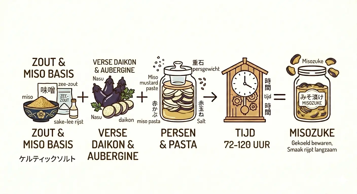 Een minimalistische infographic in de stijl van een stapsgewijs recept, die het proces van het maken van Misozuke (Japans miso-ingemaakt voedsel) illustreert. De afbeelding gebruikt strakke, dunne donkerbruine omlijningen met subtiele kleuraccenten in pastelkleuren op een gebroken witte, korrelige papierachtergrond. De volgorde loopt van links naar rechts, verbonden door '+' tekens, een pijl en een '=' teken. De tekstlabels zijn in het Nederlands, met kleine Japanse karakters ter ondersteuning.Van links naar rechts:Zout & Miso Basis: Een kom gevuld met beige misopoeder, een kleiner zakje 'zee-zout', en een flesje 'sake-lee rijst' met Japanse karakters. Tekstlabel: 'ZOUT & MISO BASIS'.Verse Daikon & Aubergine: Een paar paarse aubergines (labeled 'Nasu') en dikke witte daikonschijven met groene bladeren. Tekstlabel: 'VERSE DAIKON & AUBERGINE'.Persen & Pasta: Een heldere, glazen weckpot gevuld met lagen van gesneden daikon, aubergine en misopasta. Een zwaar 'persgewicht' (labeled '重石') drukt de groenten naar beneden. Tekstlabel: 'PERSEN & PASTA'.Tijd 72-120 Uur: Een houten klok met tandwielen, die de lange fermenteertijd aangeeft. Tekstlabel: 'TIJD 72-120 UUR'.Misozuke: De voltooide glazen pot met de afgewerkte Misozuke. Op het etiket staat 'みそ漬け' (Misozuke) en 'MISOZUKE' in het Nederlands. Enkele losse stukjes misozuke-aubergine zweven rond de pot. Tekstlabel: 'MISOZUKE. Gekoeld bewaren, Smaak rijpt langzaam'.