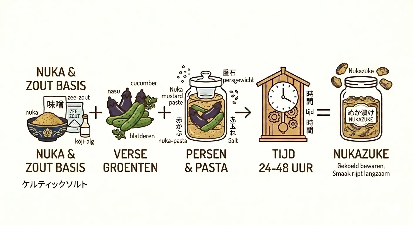 Een minimalistische infographic in oosterse lijntekening-stijl op een gebroken witte achtergrond, die het proces toont voor het maken van Nukazuke (Japanse inmaak in een gefermenteerd rijstzemelenbed). De opeenvolgende stappen lopen van links naar rechts en zijn verbonden door plus- en pijlsymbolen, met strakke bruine contouren en zachte pastelkleuren.Van links naar rechts:Nuka & Zout Basis: Een traditionele Japanse kom gevuld met 'nuka' (rijstzemelen), een groter zakje met 'zee-zout' en een flesje gelabeld als 'kōji-alg'. Ondersteund door de tekst "NUKA & ZOUT BASIS".Verse Groenten: Drie paarse aubergines (gelabeld als nasu), groene komkommers (gelabeld als cucumber) en verse groene bladeren. Ondersteund door de tekst "VERSE GROENTEN".Persen & Pasta: Een glazen inmaakpot waarin de hele groenten volledig zijn ondergedompeld en begraven in de beige 'nuka-pasta', aangedrukt door een zwaar glazen persgewicht (gelabeld met de Japanse karakters voor重石). Ondersteund door de tekst "PERSEN & PASTA".Tijd 24-48 Uur: Een houten staande klok met zichtbare tandwielen die de korte fermenteertijd aangeeft. Ondersteund door de tekst "TIJD 24-48 UUR".Nukazuke: De voltooide inmaakpot met een etiket waarop "NUKAZUKE" en de Japanse karakters 'ぬか漬け' staan. Enkele afgewerkte, bruingele ingemaakte groenteplakjes zweven rond de pot. Ondersteund door de tekst "NUKAZUKE - Gekoeld bewaren, Smaak rijpt langzaam".