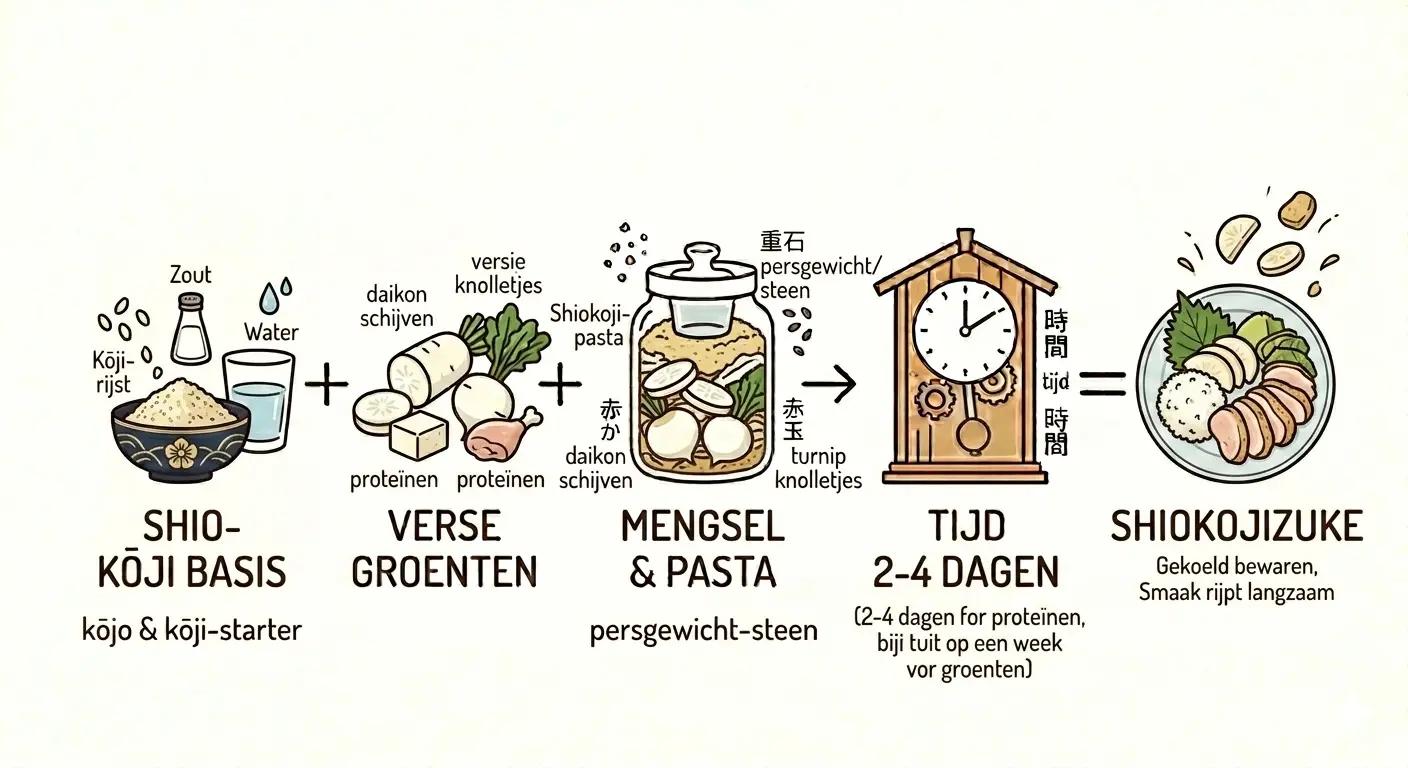 Een infographic met een stappenplan in vijf geïllustreerde fasen, van links naar rechts verbonden door plus- en gelijkheidstekens, die het proces van Shiokojizuke (Japans inmaken met gezouten kōji) uitlegt op een beige achtergrond. De stijl bestaat uit zwarte en bruine lijntekeningen, analoog aan de Satozuke-infographic.Shio-Kōji Basis: Een kom gevuld met kōji-rijst, geflankeerd door een zoutstrooier met het label 'Zout' en een glas water met het label 'Water'. Daaronder staat de tekst 'kōjo & kōji-starter'.Verse Groenten: Illustraties van daikon schijven, een stuk tofu, een turnip knolletje en een kippenbout (met labels 'daikon schijven', 'versie knolletjes' en 'proteïnen').Mengsel & Pasta: Een glazen inmaakpot waarin de groenten en proteïnen zijn gelaagd met shiokoji-pasta, aangedrukt onder een persgewicht/steen.Tijd 2-4 Dagen: Een houten klok met tandwielen die de rijpingstijd symboliseert. De begeleidende tekst vermeldt '2-4 dagen for proteïnen, biji tuit op een week vor groenten'.Shiokojizuke: Een bord met een kant-en-klaar gerecht bestaande uit een bol rijst, gesneden vlees/proteïne en ingemaakte groenten, omringd door zwevende schijfjes. Eronder staat de tekst: 'Shiokojizuke - Gekoeld bewaren, Smaak rijpt langzaam'.