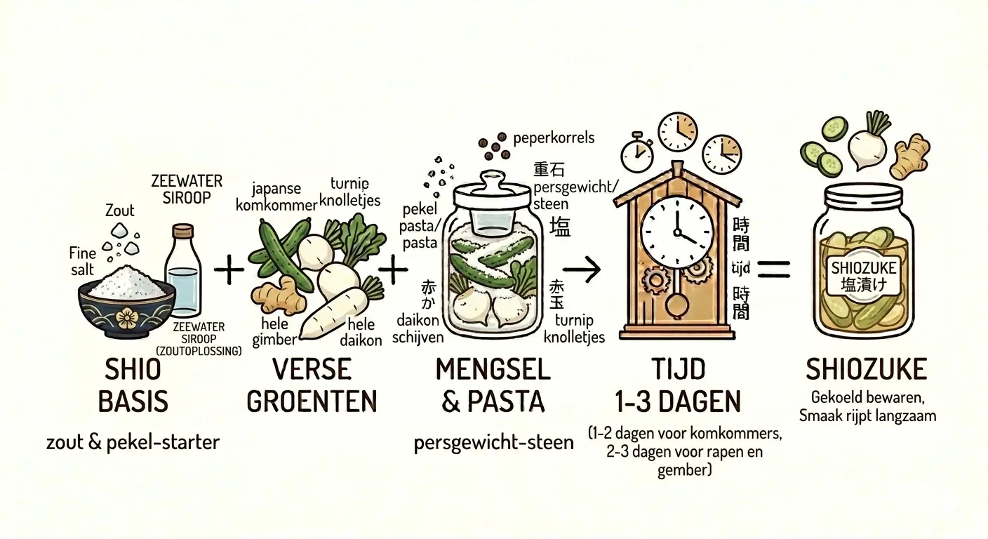 Een infographic met een stappenplan in vijf geïllustreerde fasen, van links naar rechts verbonden door plus- en gelijkheidstekens, die het proces van Shiozuke (Japans zout-inmaken) uitlegt op een beige achtergrond. De stijl sluit volledig aan bij de eerdere infographics met zwarte en bruine lijntekeningen.Shio Basis: Een kom met fijn zout (fine salt / Zout) en een glazen fles met het label 'Zeewater Siroop (Zoutoplossing)'. Daaronder staat de tekst 'zout & pekel-starter'.Verse Groenten: Illustraties van een Japanse komkommer, turnip knolletjes, hele gimber (gember) en een hele daikon met bijbehorende tekstlabels.Mengsel & Pasta: Een glazen inmaakpot waarin de groenten met pekelpasta en peperkorrels zijn gelaagd, aangedrukt onder een persgewicht/steen.Tijd 1-3 Dagen: Een grote houten klok met drie kleinere klokjes erboven die de rijpingstijd symboliseren. De begeleidende tekst vermeldt: '1-2 dagen voor komkommers, 2-3 dagen voor rapen en gember'.Shiozuke: Een gevulde glazen pot met het label 'Shiozuke' in zowel Latijnse letters als Japans schrift, omringd door zwevende ingrediënten (komkommerschijfjes, een raap en gember). Eronder staat de tekst: 'Shiozuke - Gekoeld bewaren, Smaak rijpt langzaam'.