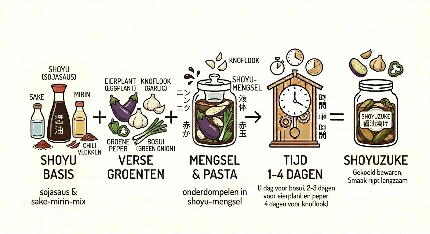 Een infographic met een stappenplan in vijf geïllustreerde fasen, van links naar rechts verbonden door plus- en gelijkheidstekens, die het proces van Shoyuzuke (Japans sojasaus-inmaken) uitlegt op een beige achtergrond. De stijl sluit volledig aan bij de eerdere infographics met zwarte en bruine lijntekeningen.Shoyu Basis: Een fles sojasaus met het label 'SHOYU (SOJASAUS)' en de kanji '醤油', omringd door flessen 'SAKE', 'MIRIN' en een bergje 'CHILI VLOKKEN'. Daaronder staat de tekst 'sojasaus & sake-mirin-mix'.Verse Groenten: Illustraties van eierplaten (eggplant), knoflook (garlic), groene pepers en bosui (green onion) met bijbehorende tekstlabels.Mengsel & Pasta: Een glazen inmaakpot waarin de groenten zijn gelaagd en ondergedompeld in een donker sojasaus-mengsel, omringd door knoflookteentjes en 'shoyu-mengsel' tekst.Tijd 1-4 Dagen: Een houten klok met tandwielen en drie kleinere klokjes erboven die de rijpingstijd symboliseren. De begeleidende tekst vermeldt: '(1 dag voor bosui, 2-3 dagen voor eierplant en peper, 4 dagen voor knoflook)'.Shoyuzuke: Een gevulde glazen pot met het label 'Shoyuzuke' in zowel Latijnse letters als Japans schrift, omringd door zwevende ingrediënten (eierplantschijfjes, knoflook en peper ringen). Eronder staat de tekst: 'Shoyuzuke - Gekoeld bewaren, Smaak rijpt langzaam'.