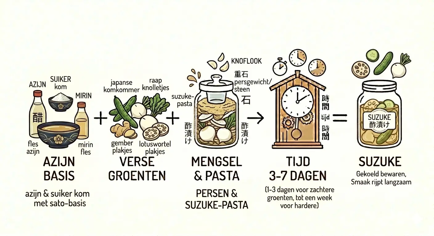 Een infographic met een stappenplan in vijf geïllustreerde fasen, van links naar rechts verbonden door plus- en gelijkheidstekens, die het proces van Suzuke (Japans azijn-inmaken) uitlegt op een beige achtergrond. De stijl sluit volledig aan bij de eerdere infographics met zwarte en bruine lijntekeningen.Azijn Basis: Een fles azijn met een etiket, een suikerkom, een fles mirin en een grotere kom vloeistof. Daaronder staat de tekst 'azijn & suiker kom met sato-basis'.Verse Groenten: Illustraties van een Japanse komkommer, raapknolletjes, gemberplakjes en lotuswortelplakjes met bijbehorende tekstlabels.Mengsel & Pasta: Een glazen inmaakpot gevuld met de groenten, overgoten met een suzuke-pasta of azijnmengsel en aangedrukt met een persgewicht of steen. Erboven zweven knoflookteentjes.Tijd 3-7 Dagen: Een grote houten staande klok met drie kleinere klokjes erboven die de rijpingstijd symboliseren. De begeleidende tekst vermeldt: '(1-3 dagen voor zachtere groenten, tot een week voor hardere)'.Suzuke: Een gevulde glazen pot met het label 'SUZUKE' in zowel Latijnse letters als Japans schrift, omringd door zwevende ingrediënten (komkommer, lotuswortel en een raap). Eronder staat de tekst: 'SUZUKE - Gekoeld bewaren, Smaak rijpt langzaam'.