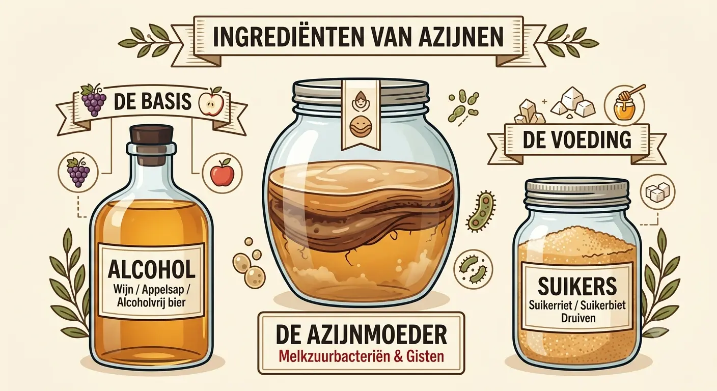 Infografiek met de titel “Ingrediënten van Azijnen”. In het midden staat een glazen weckpot gevuld met amberkleurige vloeistof en een dikke azijnmoeder die op het oppervlak drijft. Onder de pot staat de tekst: “De azijnmoeder – melkzuurbacteriën & gisten”. Links wordt onder het kopje “De basis” een fles afgebeeld met alcoholische grondstoffen zoals wijn, appelsap en alcoholvrij bier, aangevuld met pictogrammen van druiven en een appel. Rechts staat onder het kopje “De voeding” een pot met suikers, waaronder suikerbiet, suikerriet en druiven, weergegeven met suikerklontjes en een honingicoon. Rondom de illustraties staan decoratieve bladeren en kleine tekeningen van micro-organismen. De afbeelding legt schematisch uit dat azijn wordt gemaakt uit een combinatie van een alcoholhoudende basis, suikers als voeding en een azijnmoeder met micro-organismen.