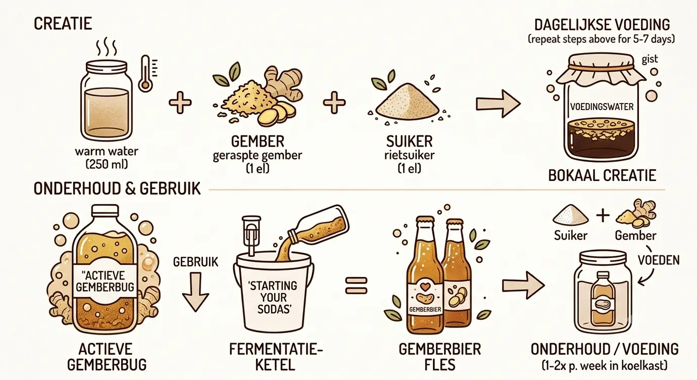 Een tweedelige Nederlandstalige infographic in een minimalistische, getekende stijl met bruine lijnen op een beige achtergrond, die het proces van een gemberbug maken en onderhouden uitlegt.De bovenste helft, getiteld "CREATIE", toont de stappen voor de start: warm water (250 ml) + geraspte gember (1 el) + rietsuiker (1 el) leiden met een pijl naar een weckpot getiteld "BOKAAL CREATIE" met de tekst "DAGELIJKSE VOEDING (repeat steps above for 5-7 days)".De onderste helft is getiteld "ONDERHOUD & GEBRUIK". Links staat een bruisende fles met "ACTIEVE GEMBERBUG". Een pijl omlaag naar "GEBRUIK" toont het gieten van de bug in een fermentatieketel ("STARTING YOUR SODAS"), wat gelijkstaat aan flessen gemberbier. Rechts daarvan toont een pijl naar een weckpot onder de titel "ONDERHOUD / VOEDING", waarbij suiker en gember worden toegevoegd om de bug te voeden.