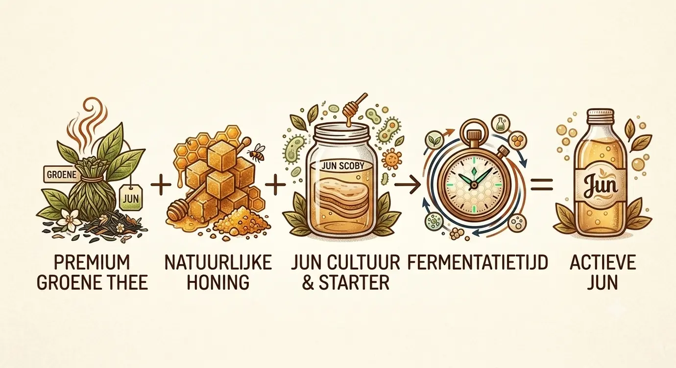 Een minimalistische infographic in een getekende stijl met bruine lijnen en warme tinten op een beige achtergrond, die de basisstappen voor het maken van Jun-kombucha uitlegt.De stappen zijn van links naar rechts chronologisch weergegeven met plus- en pijltekens:Een theezakje met groene theebladeren en bloesem, met daaronder de tekst "PREMIUM GROENE THEE".Een stapel suikerklontjes overgoten met vloeibare honing, vergezeld van een honinglepel en een bijtje, met daaronder de tekst "NATUURLIJKE HONING".Een glazen weckpot gevuld met vloeistof en een zwevende Jun SCOBY, omringd door geïllustreerde micro-organismen en een honinglepel, met daaronder de tekst "JUN CULTUUR & STARTER".Een grote stopwatch omringd door dynamische pijlen en fermentatiesymbolen, met daaronder de tekst "FERMENTATIETIJD".Een afgesloten glazen fles gevuld met een goudgele, bruisende drank met bubbels en bladeren eromheen, met daaronder de tekst "ACTIEVE JUN".