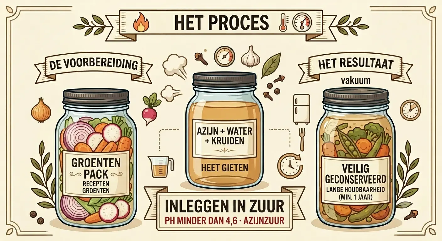 Infographic over het proces van groenten inleggen in zuur: van de voorbereiding in een pot, via het toevoegen van een heet mengsel van azijn, water en kruiden, tot het eindresultaat: veilig geconserveerde groenten met een lange houdbaarheid door een vacuüm.