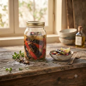 Goudbruin gegrilde repen aubergine en zoete paprika, gemengd met rauwe schijfjes snackkomkommer, samengeperst in een glazen pot gevuld met een kruidige marinade van rijstazijn en oregano. Op de voorgrond staat een tapasplankje met de glanzende, mediterrane escabeche.