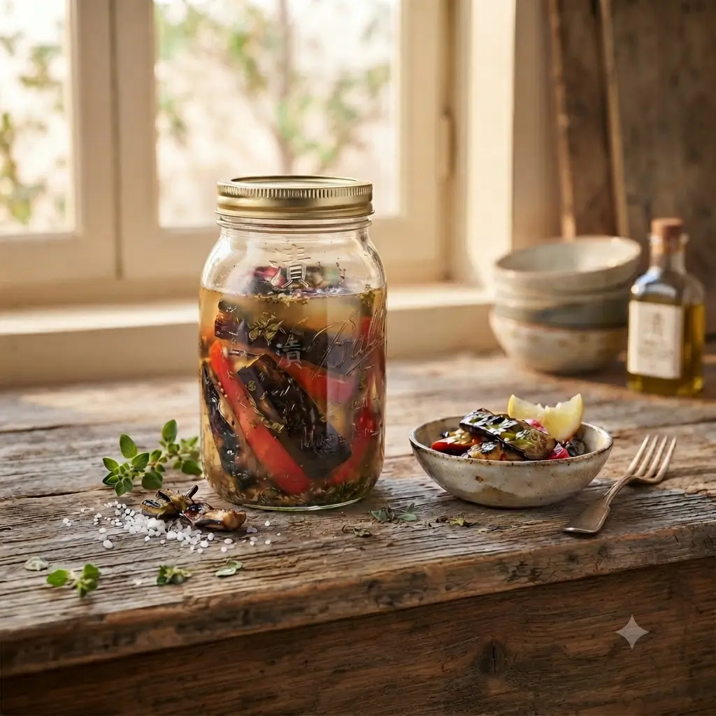 Goudbruin gegrilde repen aubergine en zoete paprika, gemengd met rauwe schijfjes snackkomkommer, samengeperst in een glazen pot gevuld met een kruidige marinade van rijstazijn en oregano. Op de voorgrond staat een tapasplankje met de glanzende, mediterrane escabeche.