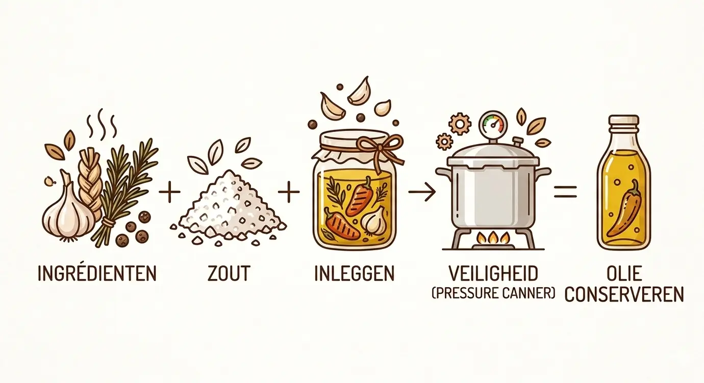Infographic over het proces van olieconserveren, verdeeld in vijf stappen: 1. Ingrediënten (knoflook, kruiden, peperbolletjes), 2. Zout, 3. Inleggen in een glazen pot, 4. Veiligheid (verwerking in een hogedrukpan/pressure canner), 5. Resultaat (flesje olie met peper).