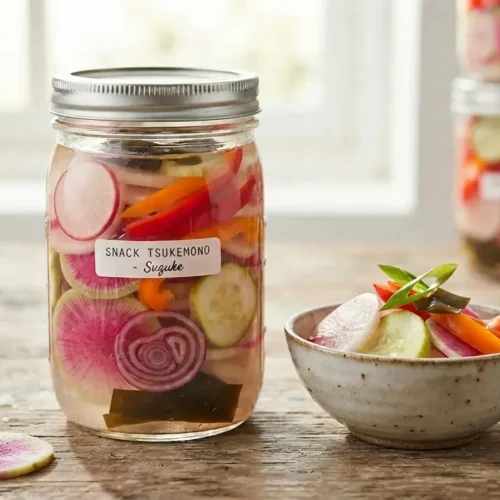 Een transparante Japanse Tsukemono pickle press gevuld met flinterdun gesneden radijs, snackkomkommer en rode pijlajuin die stevig worden aangedrukt door de interne witte persplaat. Naast de pers staat een klein Japans schaaltje met de friszure, knapperige Suzuke-pickles.