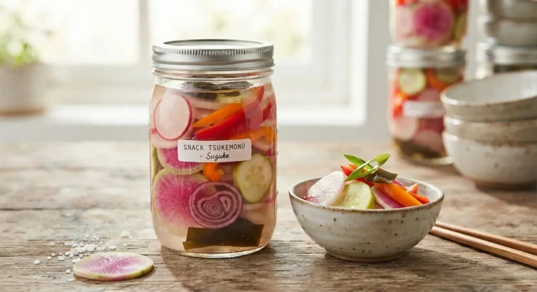 Een transparante Japanse Tsukemono pickle press gevuld met flinterdun gesneden radijs, snackkomkommer en rode pijlajuin die stevig worden aangedrukt door de interne witte persplaat. Naast de pers staat een klein Japans schaaltje met de friszure, knapperige Suzuke-pickles.
