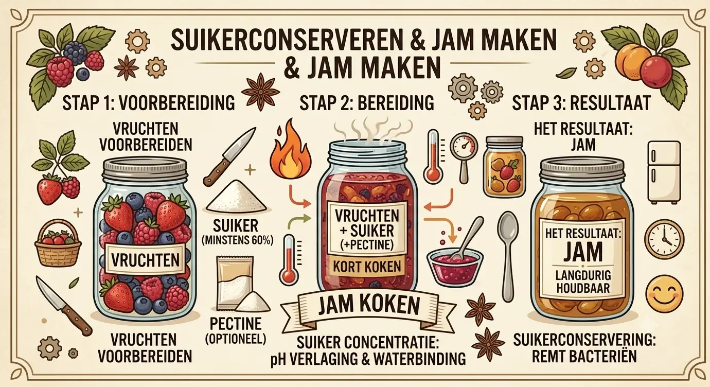 Educatieve illustratie over het proces van suikerconserveren en jam maken, verdeeld in drie stappen: 1. De voorbereiding met verse vruchten, suiker en pectine; 2. De bereiding waarbij de ingrediënten in een pot worden verhit; 3. Het resultaat: een volle pot zelfgemaakte jam die langdurig houdbaar is, met uitleg dat de hoge suikerconcentratie bacteriën remt.