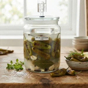 Hele groene Padrón-pepers en grote, geplette tenen knoflook wild gefermenteerd in een troebele zoutpekel in een glazen weckpot met waterslot. Actieve koolzuurbubbeltjes zijn zichtbaar langs de glazen wand op een donkere achtergrond.