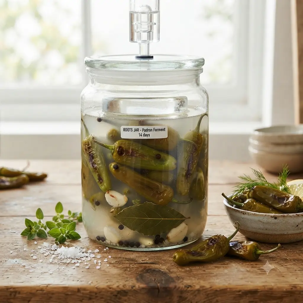 Hele groene Padrón-pepers en grote, geplette tenen knoflook wild gefermenteerd in een troebele zoutpekel in een glazen weckpot met waterslot. Actieve koolzuurbubbeltjes zijn zichtbaar langs de glazen wand op een donkere achtergrond.