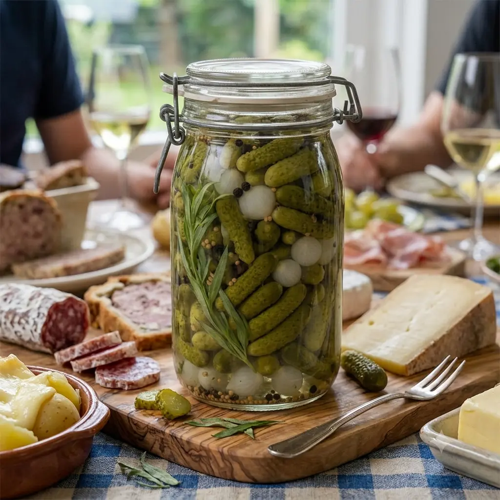 Verschillende lagen kleurrijke groenten zoals radijs, bloemkool en wortel in een glazen pot met heldere inmaakvloeistof.