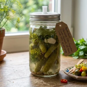 Een vierkante, sfeervolle foto van een glazen Mason Jar gevuld met hele, knapperige dille-augurken in een licht troebele zoutpekel. In de pot zijn verse dillebloemen, gele mosterdzaadjes, knoflook en groene eikenbladeren bovenin zichtbaar onder een fermentatiedeksel. Aan de pot hangt een handgeschreven papieren label met de tekst 'Rootsfood: Klassieke Dille-Augurken (Lacto-Ferment, 3% Pekel, Oude Eik)'. De pot staat op een rustieke houten tafel bij het raam, met daarnaast een klein keramisch schaaltje met serveerklare gefermenteerde augurken.