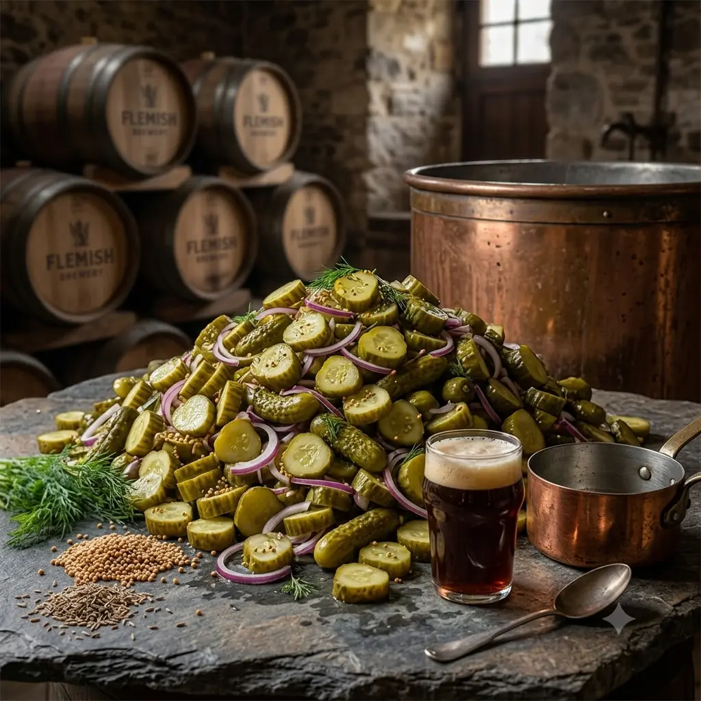 Een sfeervolle foto, genomen in een traditionele brouwerij- of bierkelderomgeving, van een grote glazen pot gevuld met verse zoetzure augurken. De pot, geplaatst op een rustieke leiplaat, toont duidelijk de gelaagdheid van dikke plakken groene augurk, rode uienringen, mosterd- en dillezaad. Een hand met een linnen mouw giet vanuit een koperen steelpannetje de laatste goudgele marinade over de augurken. Op de leiplaat liggen hoopjes droge specerijen (mosterdzaad, suiker), verse dillestakjes en een vintage zilveren lepel. Een glas donker Belgisch Dubbel bier met een dikke schuimkraag staat naast de pot. De achtergrond, een sfeervolle kelder met gestapelde houten vaten met 'Flemish Brewery' branding, is schemerig en blurry, verlicht door zacht daglicht van een raam. De verlichting is natuurlijk en warm, waardoor de texturen van de groenten, de koperen pot en het hout goed uitkomen.