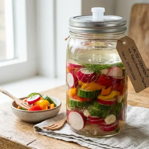 Een close-up van een glazen weckpot gevuld met gefermenteerde zomergroenten zoals rode radijs, schijfjes komkommer en stukjes paprika onder een glazen persgewicht. Aan de pot hangt een papieren label met de handgeschreven tekst 'LACTO-FERMENT mix: Radijs/Komkommer/Paprika'. Fris, natuurlijk licht valt op het houten werkblad.