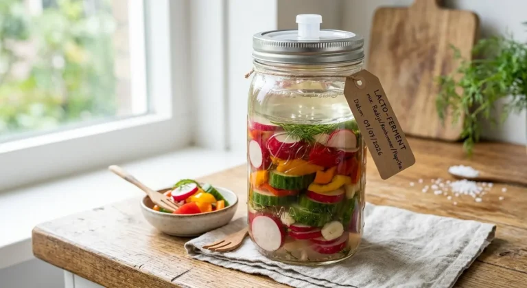 Een close-up van een glazen weckpot gevuld met gefermenteerde zomergroenten zoals rode radijs, schijfjes komkommer en stukjes paprika onder een glazen persgewicht. Aan de pot hangt een papieren label met de handgeschreven tekst 'LACTO-FERMENT mix: Radijs/Komkommer/Paprika'. Fris, natuurlijk licht valt op het houten werkblad.