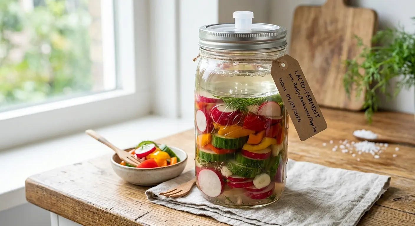 Een close-up van een glazen weckpot gevuld met gefermenteerde zomergroenten zoals rode radijs, schijfjes komkommer en stukjes paprika onder een glazen persgewicht. Aan de pot hangt een papieren label met de handgeschreven tekst 'LACTO-FERMENT mix: Radijs/Komkommer/Paprika'. Fris, natuurlijk licht valt op het houten werkblad.