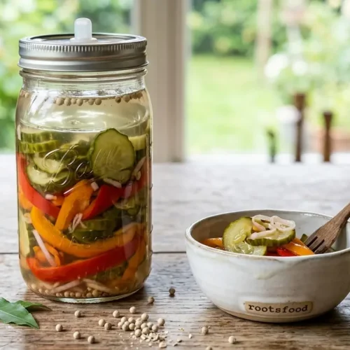 Een glazen pot op een rustieke keukentafel gevuld met licht gekneusde snackkomkommers en gekleurde snackpaprika's in een heldere azijnmarinade met witte peperbolletjes. Ernaast staat een klein kommetje met ingelegde zoetzure groenten en een houten vorkje, met op de achtergrond een lichte, zomerse tuin.