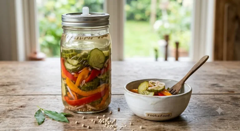 Een glazen pot op een rustieke keukentafel gevuld met licht gekneusde snackkomkommers en gekleurde snackpaprika's in een heldere azijnmarinade met witte peperbolletjes. Ernaast staat een klein kommetje met ingelegde zoetzure groenten en een houten vorkje, met op de achtergrond een lichte, zomerse tuin.