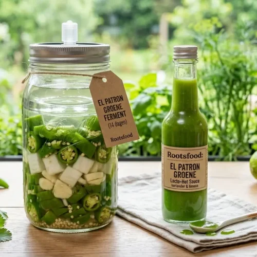 Een glazen flesje gevuld met een heldergroene, vloeibare hot sauce staat op een donkere houten ondergrond. Naast de fles liggen verse, glanzende groene El Patron pepers, enkele teentjes knoflook en blaadjes verse koriander. De achtergrond is sfeervol en donker, verlicht door zacht natuurlijk licht dat de frisse textuur van de ingrediënten accentueert.