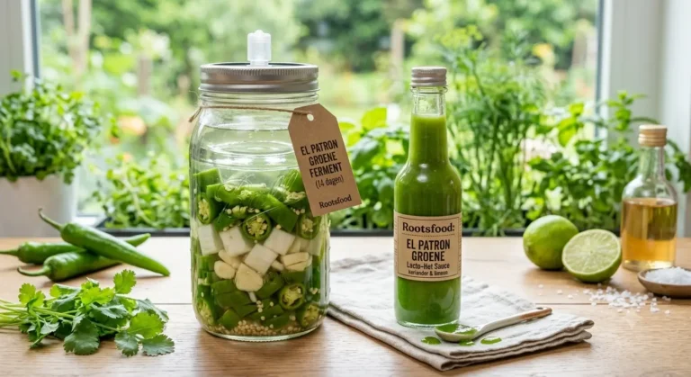 Een glazen flesje gevuld met een heldergroene, vloeibare hot sauce staat op een donkere houten ondergrond. Naast de fles liggen verse, glanzende groene El Patron pepers, enkele teentjes knoflook en blaadjes verse koriander. De achtergrond is sfeervol en donker, verlicht door zacht natuurlijk licht dat de frisse textuur van de ingrediënten accentueert.