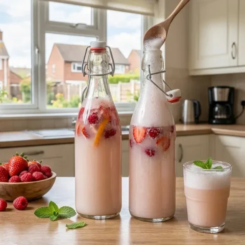 Een helpt-heldere, vierkante foto op een houten keukeneiland in een moderne, dagelijkse keuken met een raam op de achtergrond. Op de voorgrond staan twee glazen beugelflessen met lichtroze, bruisende melkkefir waarin stukjes verse aardbei, framboos en een reepje sinaasappelschil zweven. De linkerfles is gesloten, terwijl bij de rechterfles de beugelsluiting is geopend, wat zorgt voor een zichtbare schuimkraag van koolzuur. Ernaast staat een glazen drinkglas gevuld met de bruisende drank en een lichte schuimlaag, gegarneerd met een muntblaadje, en een houten schaaltje met verse aardbeien en frambozen.