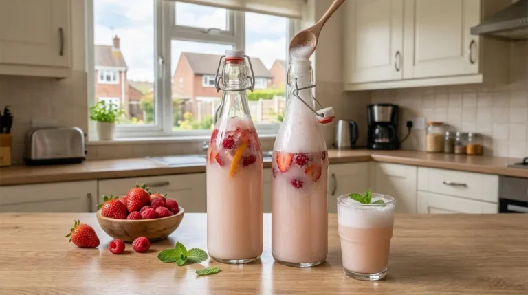 Een helpt-heldere, vierkante foto op een houten keukeneiland in een moderne, dagelijkse keuken met een raam op de achtergrond. Op de voorgrond staan twee glazen beugelflessen met lichtroze, bruisende melkkefir waarin stukjes verse aardbei, framboos en een reepje sinaasappelschil zweven. De linkerfles is gesloten, terwijl bij de rechterfles de beugelsluiting is geopend, wat zorgt voor een zichtbare schuimkraag van koolzuur. Ernaast staat een glazen drinkglas gevuld met de bruisende drank en een lichte schuimlaag, gegarneerd met een muntblaadje, en een houten schaaltje met verse aardbeien en frambozen.