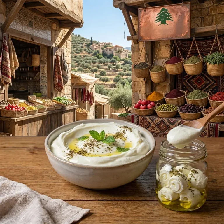 Een sfeervolle, vierkante foto op een houten tafel van verse Labneh in een Libanees geïnspireerde marksetting. Centraal staat een keramische schaal gevuld met dikke, smeuïge witte Labneh, afgewerkt met een spiraal van olijfolie, gedroogde za'atar en verse muntblaadjes. Rechtsvoors staat een glazen weckpot gevuld met gerolde Labneh-balletjes onder een laag olijfolie en kruiden, waarbij een houten lepel een romige portie omhoog schept. Op de achtergrond is een zonnige, lege dorpsmarkt zichtbaar met houten kramen vol manden met kleurrijke specerijen, granaatappels en olijven, een verweerd koperen bord met het symbool van de Libanese ceder, en op de verre achtergrond een heuvelachtig landschap met olijfgaarden.