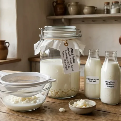 Een sfeervolle, gedetailleerde foto van een huiselijke fermentatieopstelling voor melkkefir op een rustieke houten tafel in een landelijke keuken met een raam op de achtergrond. Centraal staat een grote glazen pot (750ml) met een stoffen doek en een handgeschreven label met 'Milky Roots · Melkkefir maken (basis) · Fermentatie 24u · Datum: 10-09-2026'. Ernaast staan twee open flessen met gladde, drinkbare kefir, de ene met 'Gepasteuriseerde Volle Melk' en de andere met 'Milky Roots · Melkkefir · Gezeefd'. Een nylon mesh-zeef (wit) ligt over een glazen kom, met een houten lepel met kefir-korrels erboven. Een analoge thermometer (22°C) en een verse muntplant in een ceramic potje maken de opstelling compleet. De sfeer is warm en ambachtelijk.