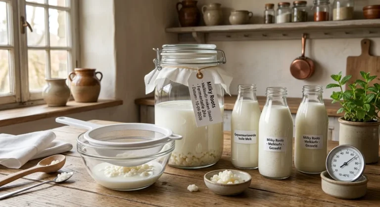 Een sfeervolle, gedetailleerde foto van een huiselijke fermentatieopstelling voor melkkefir op een rustieke houten tafel in een landelijke keuken met een raam op de achtergrond. Centraal staat een grote glazen pot (750ml) met een stoffen doek en een handgeschreven label met 'Milky Roots · Melkkefir maken (basis) · Fermentatie 24u · Datum: 10-09-2026'. Ernaast staan twee open flessen met gladde, drinkbare kefir, de ene met 'Gepasteuriseerde Volle Melk' en de andere met 'Milky Roots · Melkkefir · Gezeefd'. Een nylon mesh-zeef (wit) ligt over een glazen kom, met een houten lepel met kefir-korrels erboven. Een analoge thermometer (22°C) en een verse muntplant in een ceramic potje maken de opstelling compleet. De sfeer is warm en ambachtelijk.